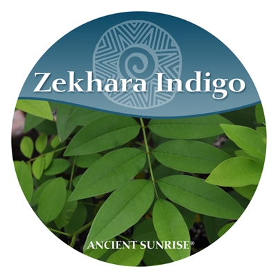 Image of indigo leaf and ancient sunrise logo with zekhara indigo title